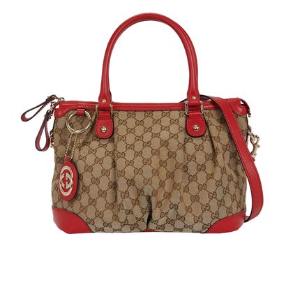 Medium Sukey Tote Bag, &pound;450, Handbags, Beige/Red, Canvas/Leather, Front view